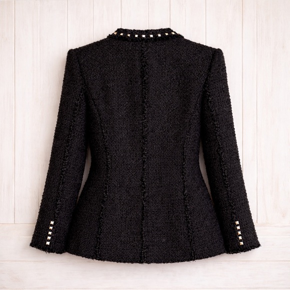 ZARA Woman Black Bouclé Tweed Blazer w/ Chrome 3D Stud Detail Frayed Trim Sz L - Picture 2 of 4
